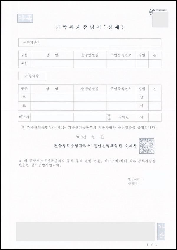 韓國結婚簽證 F6-1 申請資料-家族關係證明書